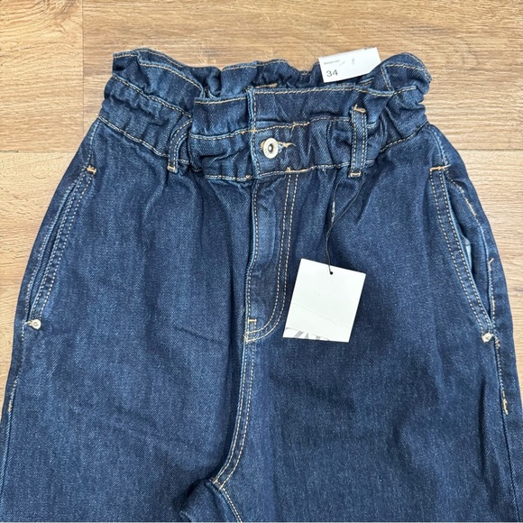 Zara High Waisted Baggy Fit Paper Bag Carrot Leg‎ Ankle Jeans Dark Wash Sz 2 NEW - Picture 3 of 9
